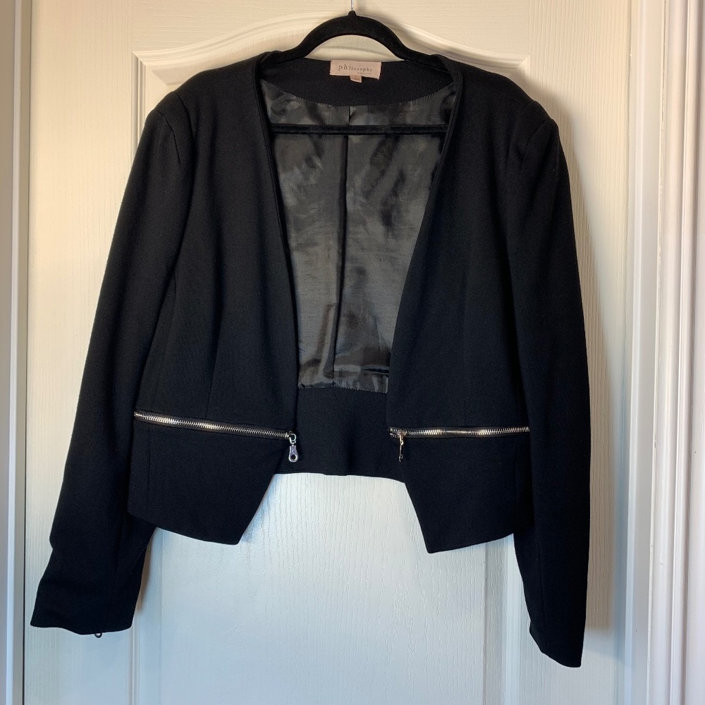 Philosophy Cropped Blazer with Zippers – Black Statement Piece Modern ( L )